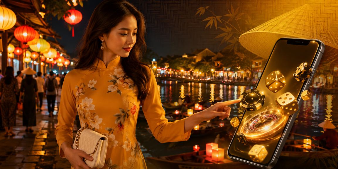 Người dùng Hội An dùng điện thoại truy cập bao24h bên chiếc nón lá
