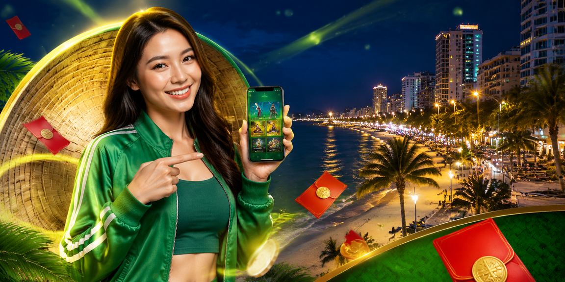 Người dùng tại Nha Trang kiểm tra phong bao đỏ thưởng trên điện thoại bên bờ biển